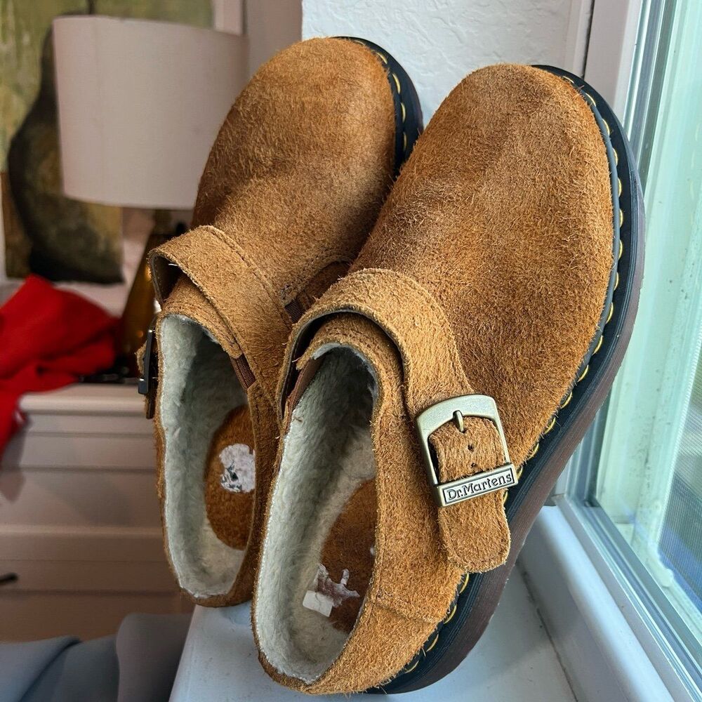 Dr. Doc Martens Isham Faux Shearling Brown Suede Mules Women’s Size 8 Men's 7 - Picture 9 of 12